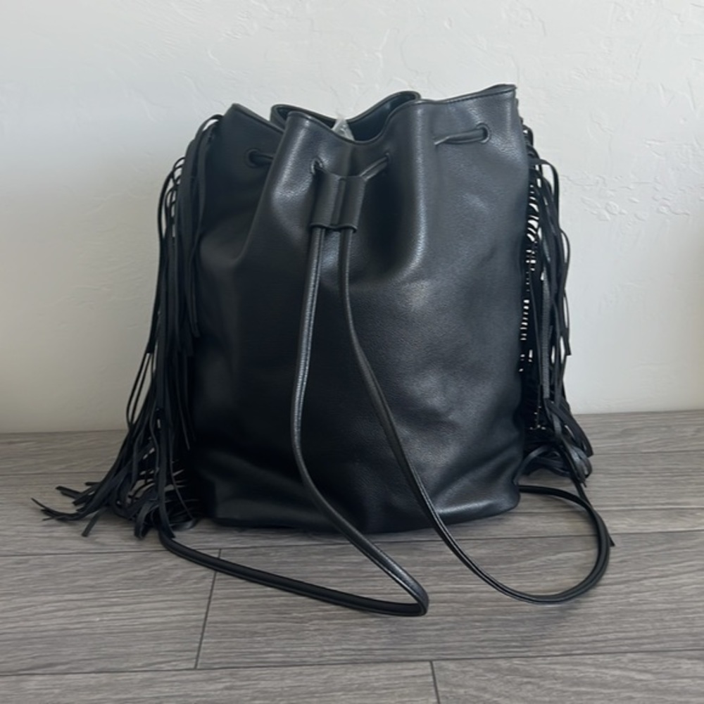 Victoria Secret‎ Black Pleather Fringe Backpack NWOT - Picture 2 of 4